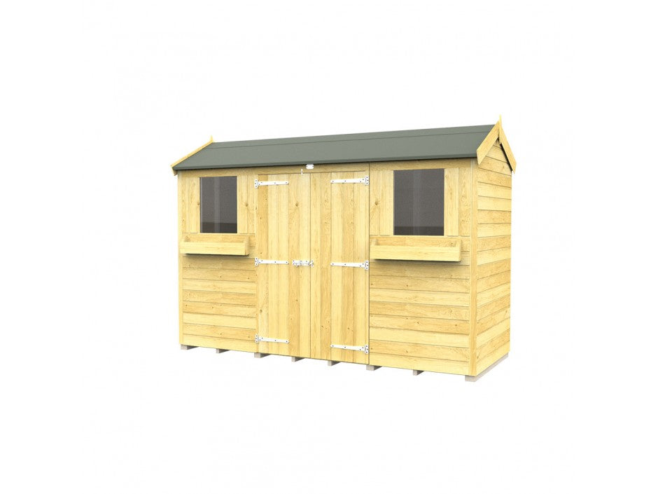 The Apex Summer Shed by ShedsDIY is a wooden garden shed with a dark grey sloped roof, double doors, and two windows with flower boxes. Made with tongue and groove construction, it features light-colored wood and a smooth texture for functional and stylish garden storage.