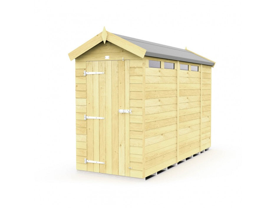 The ShedsDIY Apex Shed 4ft Wide is a wooden garden storage unit with a sloped roof, single door, metal hinges, and latch. It features horizontal wooden panels, three small rectangular windows near the roofline, and a weather-resistant structure on an elevated base.