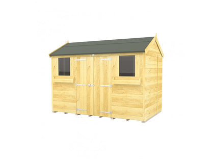 The Apex Summer Shed by ShedsDIY is a wooden outdoor shed with a green gabled roof, tongue and groove construction for durability, two windows, and central double doors with metal hinges and handles. Its natural wood finish contrasts beautifully against white backgrounds, ideal for garden storage.