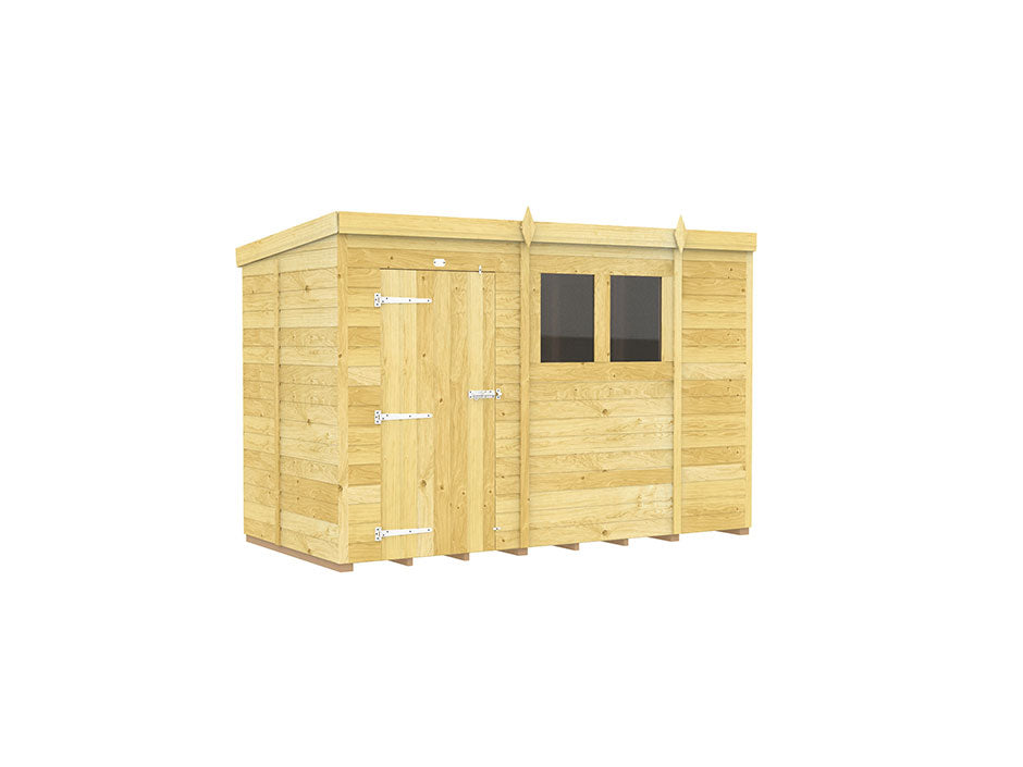 The ShedsDIY Pent Shed 5ft Wide, a wooden garden storage unit, features a flat roof with horizontal tongue and groove cladding. It includes a left-side single door and right-side dark glass windows, conveying elegance. The shed is displayed on a white background.