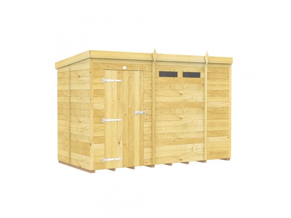 The Pent Shed 5ft Wide by ShedsDIY features tongue and groove cladding, a flat roof, and horizontal slats. It has a single left-side door with metal hinges and two rectangular windows at the top. The light brown design blends seamlessly into any garden setting.