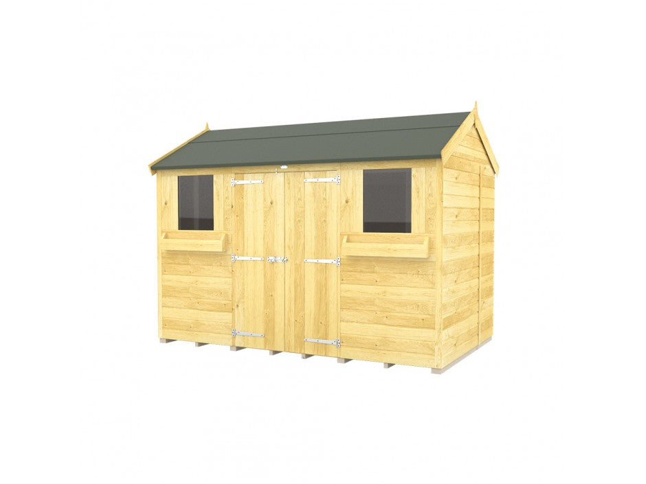 The ShedsDIY Apex Summer Shed, ideal for garden storage, has a green sloped roof, front double doors with silver hinges, and two side rectangular windows. Built with tongue and groove construction, it features a natural wood finish and rests on a pallet-like base.