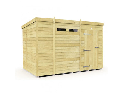 The ShedsDIY Pent Shed 7ft wide is a light wooden garden shed with a flat roof, featuring tongue and groove cladding, two small rectangular windows near the top, and a single door with metal hinges and latch. Its slightly raised base on blocks makes it ideal for garden storage.