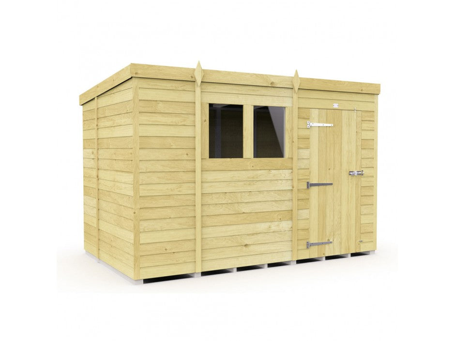 The ShedsDIY Pent Shed 7ft wide features tongue and groove cladding with a double-pane window, door with metal hinges, and latch. Its light wood and horizontal plank pattern make it a simple yet sturdy garden storage solution.