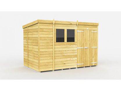 The ShedsDIY Pent Shed 7ft wide features horizontal wood paneling and a sloped roof, resembling tongue and groove cladding. It includes a front window and a strong door with metal hinges and latch, ideal for practical garden storage against a plain white backdrop.