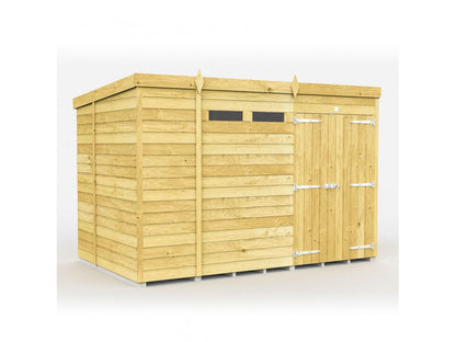 The ShedsDIY Pent Shed 7ft wide features tongue and groove cladding, a flat roof, a small horizontal window, metal hinges on the right-hand door, a natural light wood finish, and is slightly raised above the ground.