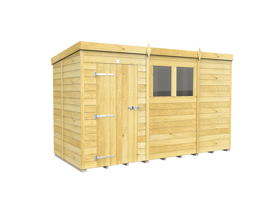 The 5ft wide ShedsDIY Pent Shed is a wooden garden storage building featuring tongue and groove cladding, vertical plank siding, and a natural finish. It has a flat roof, metal-hinged door with a left-side lock, and two square windows on the right.