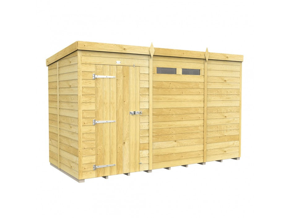 The 5ft wide Pent Shed by ShedsDIY features a flat roof, single door with metal hinges, and small rectangular windows. It boasts tongue and groove cladding with vertical and horizontal panels, resting on a base with ventilation gaps.