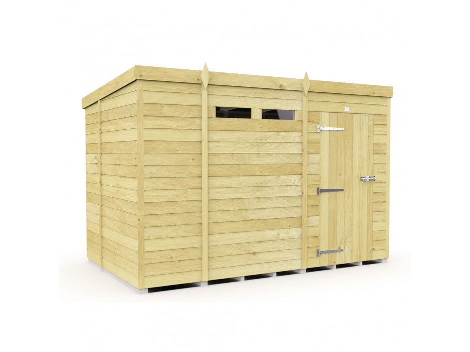 The ShedsDIY Pent Shed 7ft wide garden storage boasts horizontal tongue and groove cladding, a flat roof, single door with metal hinges and latch, and a small rectangular window near the top. The shed is displayed against a plain white background.