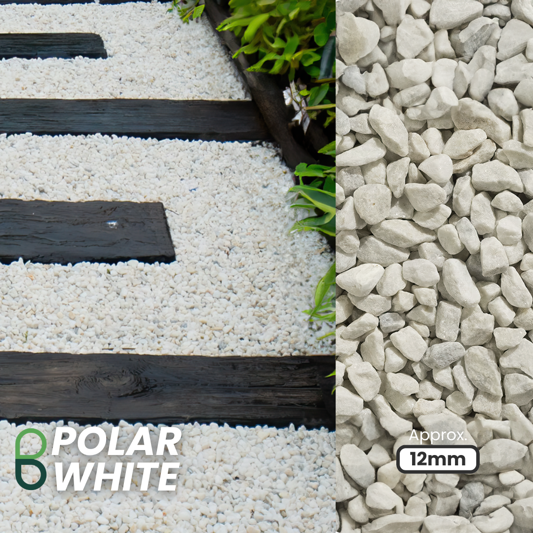 A path with dark wooden planks on white gravel is shown. On the right, small white dolomite stones are labeled "Approx 12mm." The text reads "9-12mm Polar White Chippings" by Brisks. Green plants enhance the landscape along the pathway.