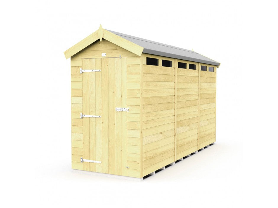 The ShedsDIY Apex Shed 4ft Wide features a sloped roof, single door with metal hinges and latch, horizontal panels, and small rectangular windows near the roofline. It's weather-resistant and ideal for garden storage, elegantly set against a plain white background.