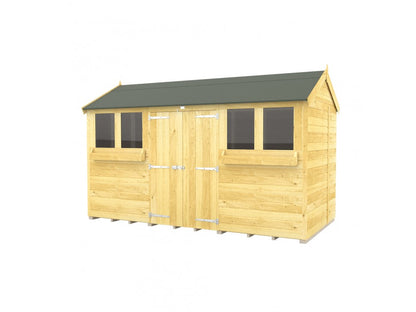 The ShedsDIY Apex Summer Shed is a wooden garden shed with a green roof, crafted using tongue and groove construction. It features two windows flanking a central double door, ideal for garden storage. The light brown planks are arranged horizontally against a plain white background.