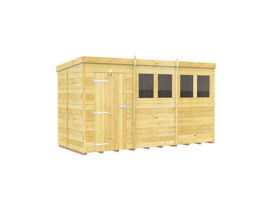 The ShedsDIY Pent Shed 5ft Wide is a light wood garden storage building with a flat roof and tongue and groove cladding. It has a single entry door on the left, three rectangular windows on the right in vertical wood panels, and visible door hardware.