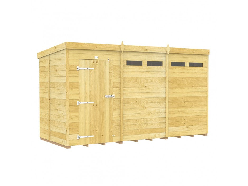 The ShedsDIY Pent Shed 5ft Wide is a wooden garden storage building with two sections: the left features a single door with metal hinges and a lock, while the right has three rectangular windows near the top. It's crafted with tongue and groove cladding, and its flat sloped roof enhances durability.