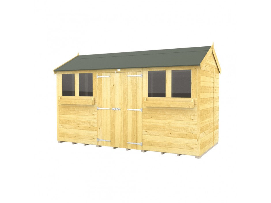 Discover the charm of our Apex Summer Shed by ShedsDIY, featuring a gabled roof in dark green. Ideal for garden storage with double doors, metal hinges, two side windows, and durable tongue and groove construction—all set against a pristine white backdrop.