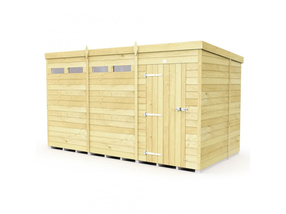 The ShedsDIY Pent Shed 7ft wide is a large wooden storage unit with tongue and groove cladding, featuring three ventilated sections, a single door on the right, metal hinges, and a natural wood finish set against a white backdrop.