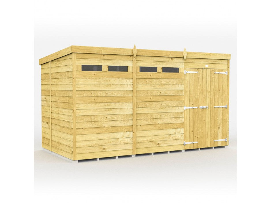 The image displays the Pent Shed 7ft wide by ShedsDIY, a wooden garden storage building with a flat roof. It features horizontal tongue and groove cladding, small rectangular windows near the top, and a door with metal hinges and a latch on the right side against a plain white background.