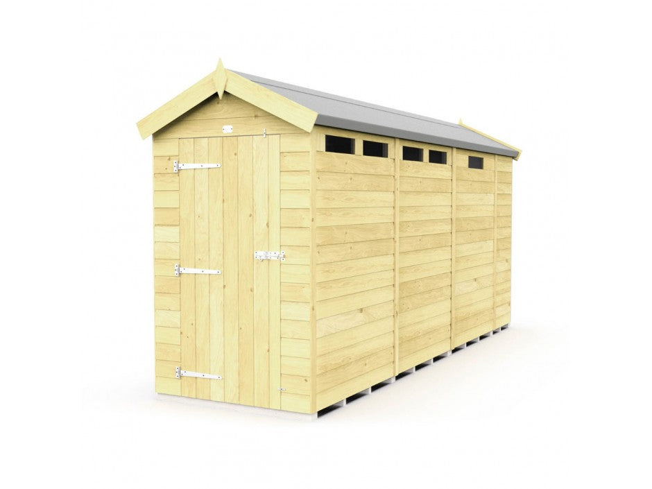 The Apex Shed 4ft Wide from ShedsDIY provides perfect garden storage with a pitched roof and weather-resistant panels, featuring a single door with metal hinges and three rectangular windows on one side, all in light-colored, evenly spaced wood panels.