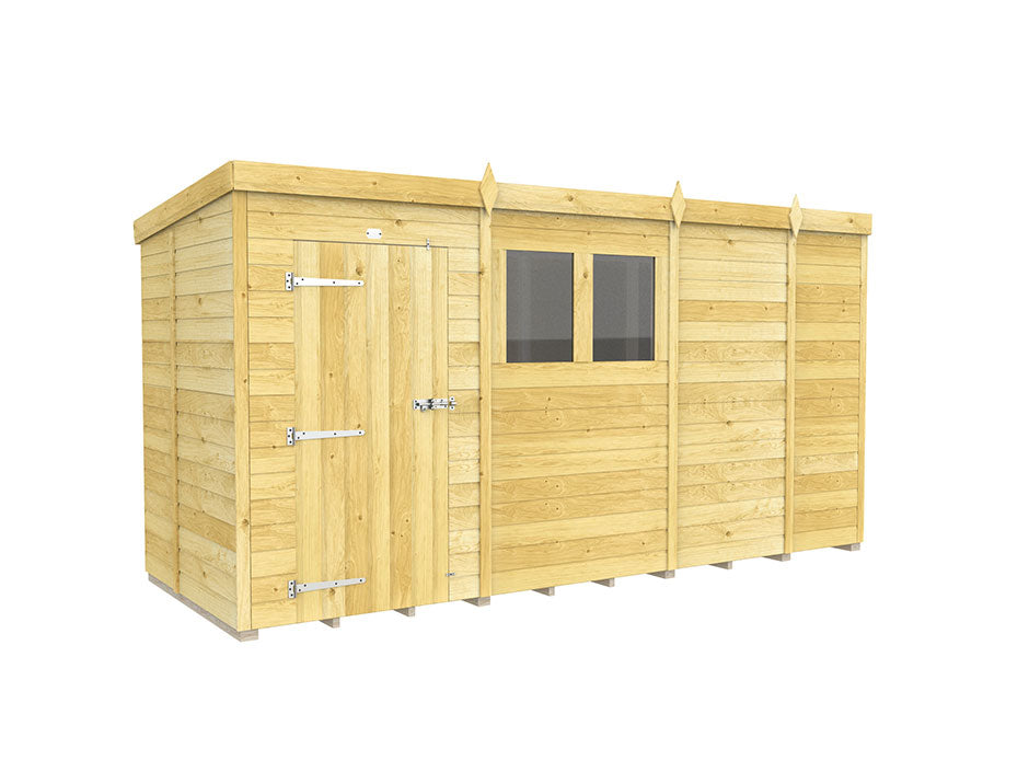 The Pent Shed 5ft Wide by ShedsDIY is a wooden garden storage building featuring natural finish and tongue and groove cladding. It has a flat roof, a closed door with metal hinges on the left, two rectangular windows on the right, and vertical wooden panels for a simple, sturdy design.