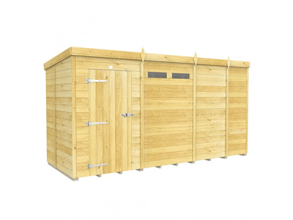 The Pent Shed 5ft Wide by ShedsDIY is ideal for garden storage, featuring a flat roof and vertical paneling. It includes tongue and groove cladding with a natural finish, plus a wooden door with metal hinges on the left and a rectangular window above.