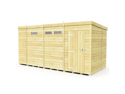 The ShedsDIY Pent Shed 7ft wide is a rectangular wooden garden shed with a flat roof, vertical tongue and groove planks, and a small top window. Its right-side door has a metal latch and handle, complementing the natural light wood finish.