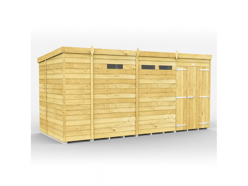 The ShedsDIY Pent Shed, 7ft wide, features light-colored tongue and groove cladding, a pitched roof, four small horizontal windows, a single door with metal hinges. Its design is highlighted against a plain white background.