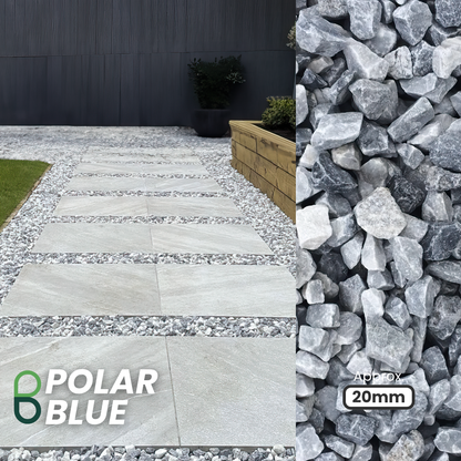 A modern garden pathway showcases large square slabs with Brisks 20mm Polar Blue Marble Chippings in between. Text says "Polar Blue" in the bottom left and "Approx 20mm" center-right, overlaying an image of these elegant chippings.