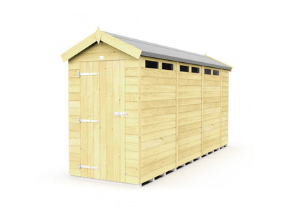 The Apex Shed 4ft Wide by ShedsDIY features a light-colored wooden design, gable roof, and a row of rectangular windows near the top. It has a door secured with a metal latch and hinges, ideal for weather-resistant garden storage, set against a plain white background.