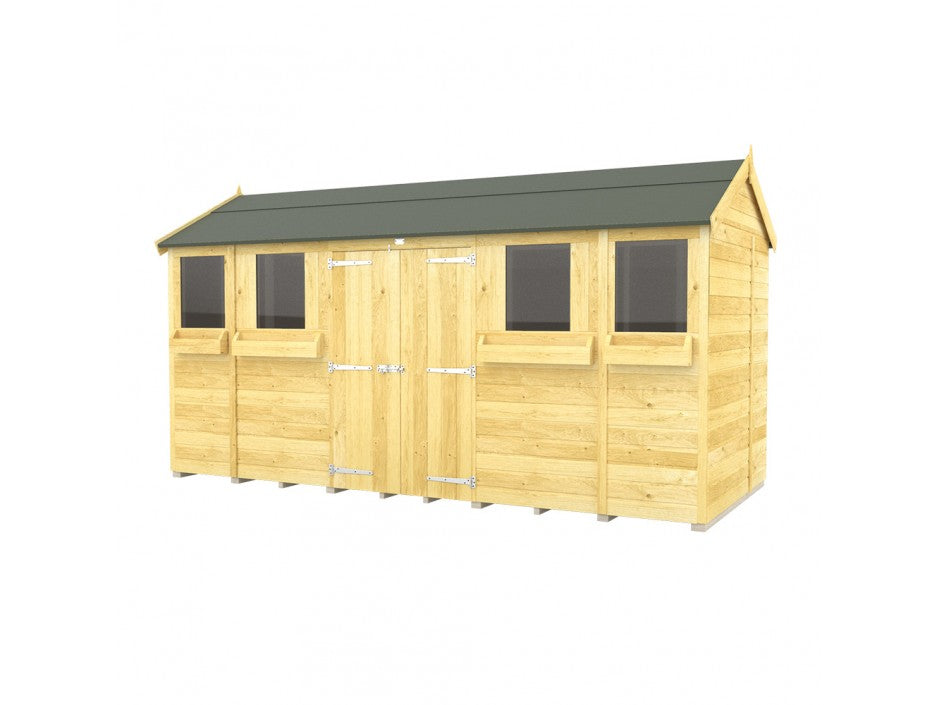 The Apex Summer Shed by ShedsDIY features a green roof, tongue and groove construction, large double doors, and four rectangular windows. Its rustic design in natural wood is ideal for garden storage, set against a white backdrop.