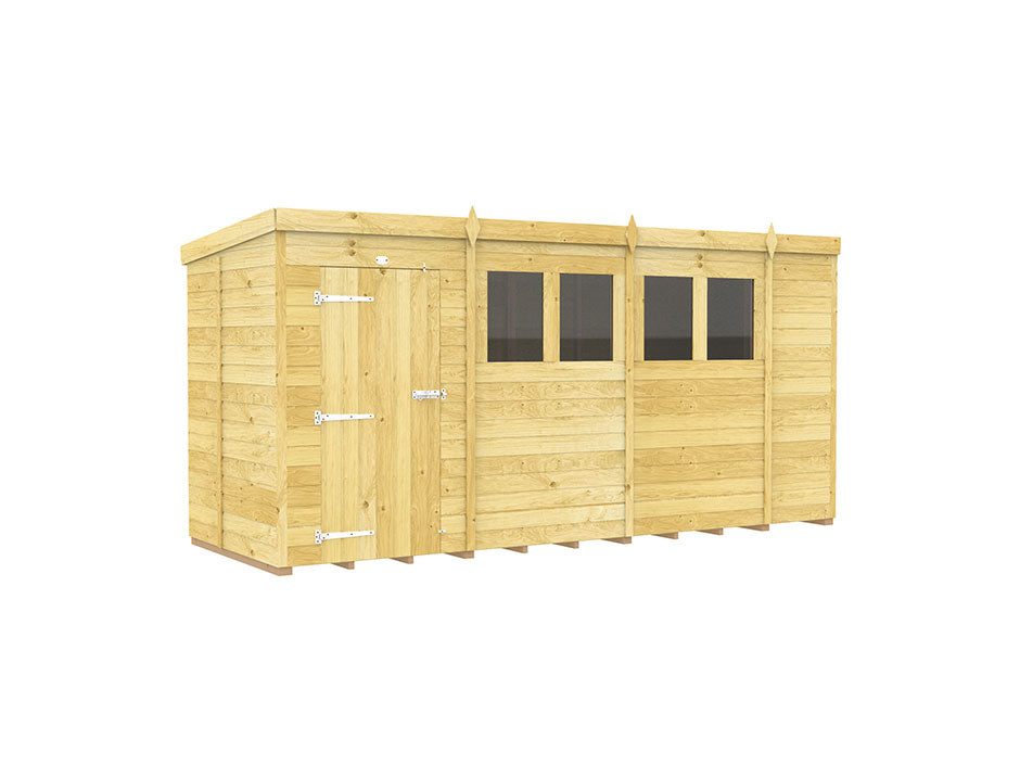 The ShedsDIY Pent Shed 5ft Wide is a wooden garden storage building with a flat roof, single door with metal hinges, and three adjacent windows. It features tongue and groove cladding in a natural wood finish with horizontal plank construction.