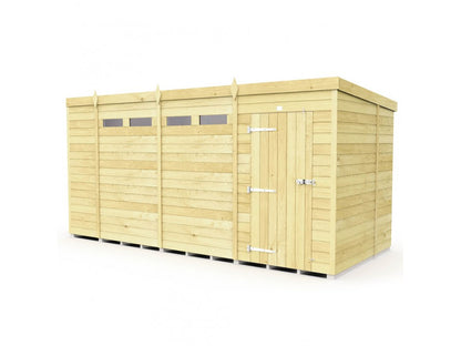 The ShedsDIY Pent Shed 7ft wide is a minimalist wooden garden storage unit featuring a flat roof, tongue and groove cladding with horizontal slatted panels, and three frosted rectangular windows. It has a door with metal hinges and a latch, finished in light wood for a sleek appearance.