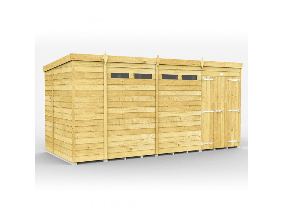 The ShedsDIY Pent Shed 7ft wide boasts spacious wooden construction with tongue and groove cladding, a flat roof, horizontal plank siding, three small top windows, and a right-side double door with metal hinges. Ideal for garden storage, it is set against a plain white background.