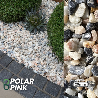 A decorative garden features a shrub and plant with 20mm Polar Pink Marble Chippings from Brisks surrounded by white pebbles. A close-up shows mixed-color rocks on the right. Text reads "Polar Pink" and "Approx 20mm" with a logo underneath, perfect for elevating your garden landscaping.