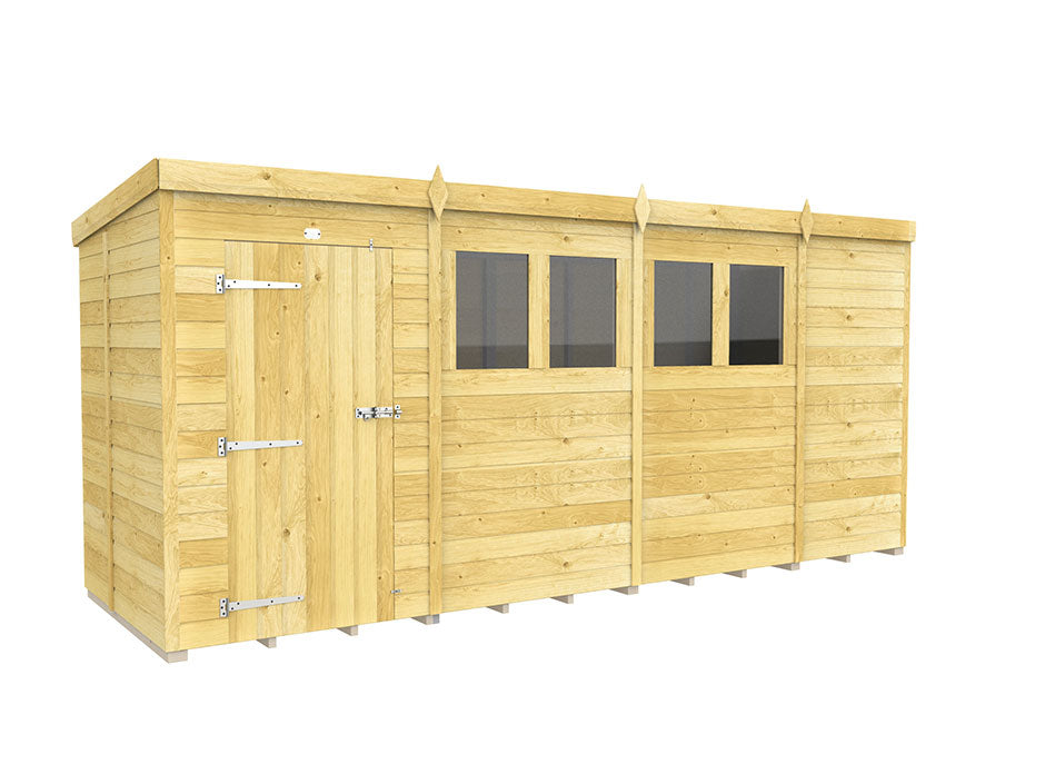 The Pent Shed 5ft Wide by ShedsDIY is a wooden garden storage building with a light-toned, tongue and groove cladding. It has a flat roof, three mid-section windows, and a left-side door secured by a metal latch.