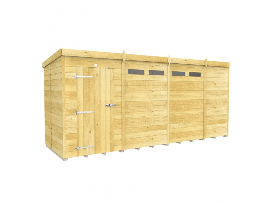 The Pent Shed 5ft Wide by ShedsDIY is a large wooden garden storage building featuring a flat roof, horizontal paneling, and three windows along the top. It has a single door with metal hinges and is crafted from light-colored wood using tongue and groove cladding for a simple yet functional design.