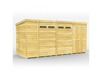 The 7ft wide Pent Shed by ShedsDIY is a wooden garden storage structure featuring tongue and groove cladding, horizontal slats, a flat roof, small rectangular windows near the top, and double doors with metal hinges on the right side against a white backdrop.