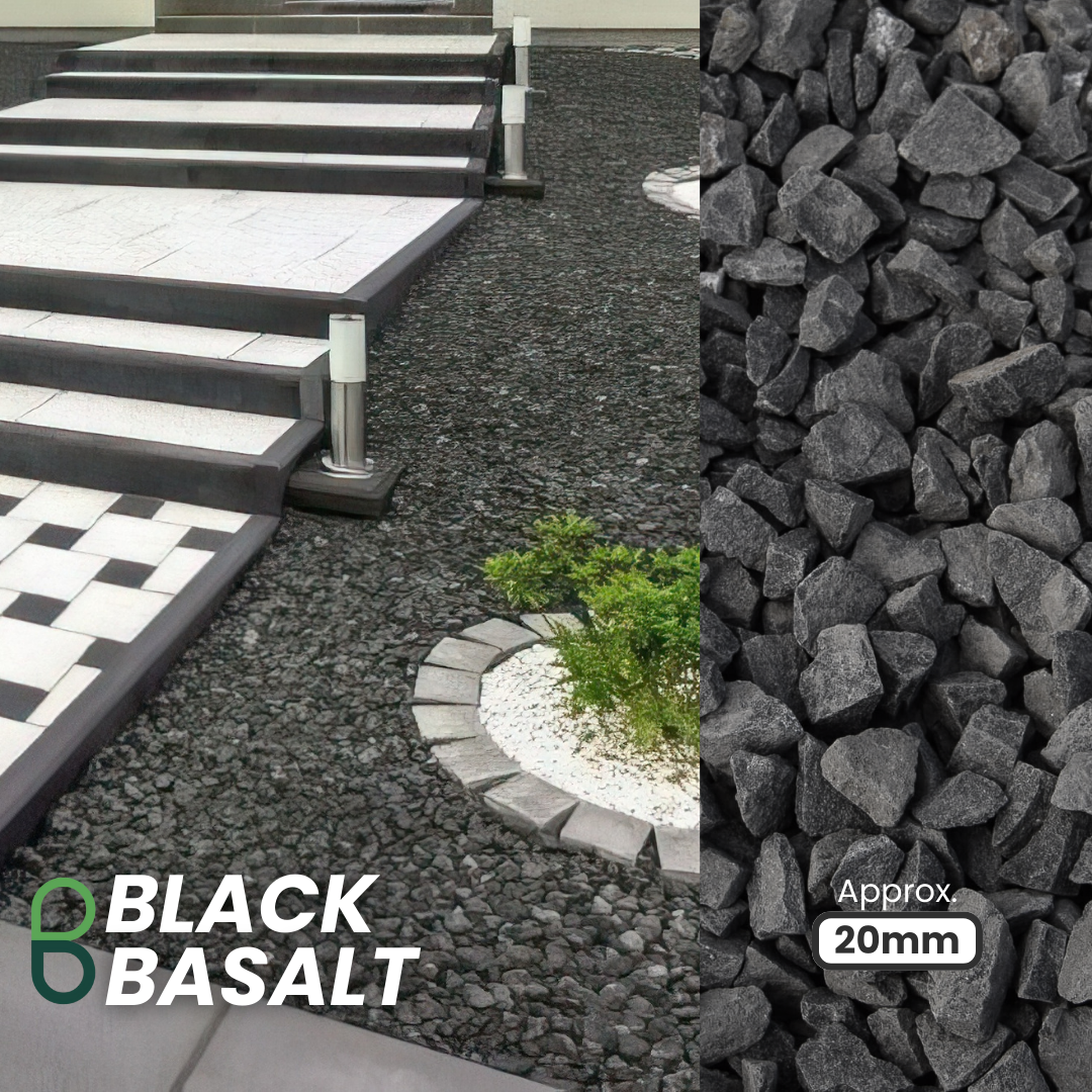 A garden path with steps features decorative black basalt gravel. On the right, a close-up displays the texture and size of Brisks 10-20mm Black Basalt Chippings, marked "Approx 20mm," with text "Black Basalt" at the bottom left.