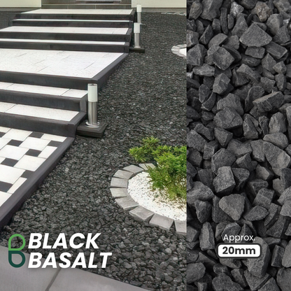 A garden path with steps features decorative black basalt gravel. On the right, a close-up displays the texture and size of Brisks 10-20mm Black Basalt Chippings, marked "Approx 20mm," with text "Black Basalt" at the bottom left.