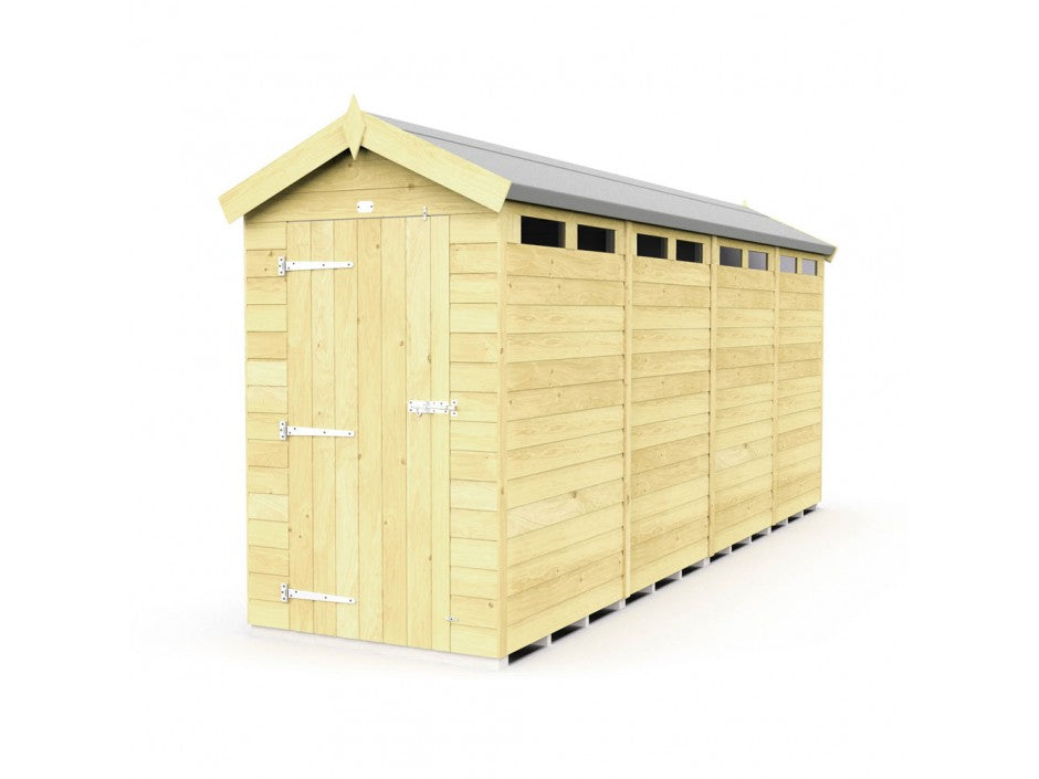 The ShedsDIY Apex Shed 4ft Wide has a light wooden frame, peaked metal roof, weather-resistant metal hinges, and horizontal slatted walls. It features small windows near the roofline and is set against a white background, ideal for garden storage.