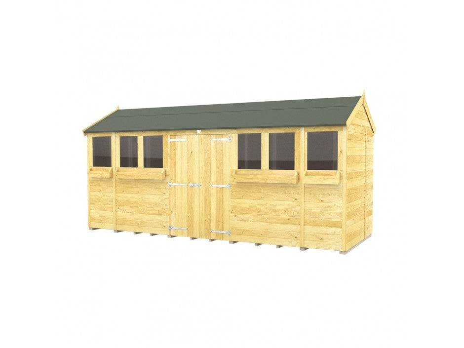 Explore ShedsDIY's Apex Summer Shed, a spacious wooden garden shed with a green roof and several windows. Its tongue and groove construction offers durability and style. The rectangular design includes central double doors, perfect for garden storage, showcased against a plain white background.