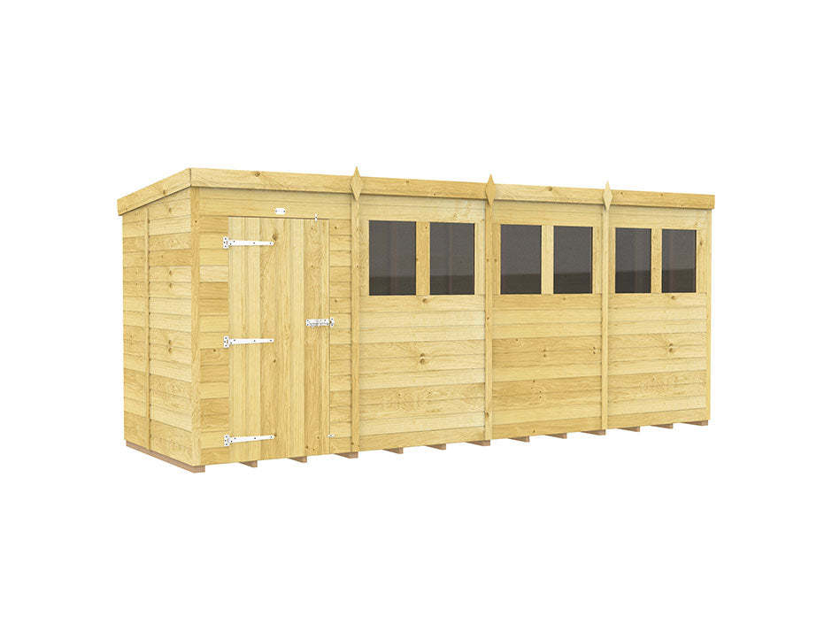 The ShedsDIY Pent Shed 5ft Wide is a light wooden structure with tongue and groove cladding, a single door on the left, four rectangular windows on the right, and a flat roof. It's perfect for use as a storage shed or garden office.