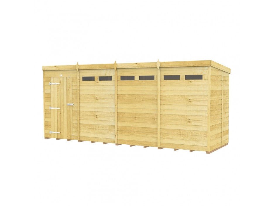 The ShedsDIY Pent Shed 5ft Wide is a spacious garden storage solution with durable tongue and groove cladding, a left-side single door, and small rectangular windows on the top. Crafted from light-colored wood with horizontal panels, it’s ideal for your Pent Sheds needs.