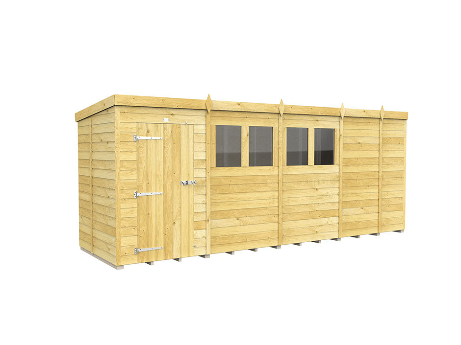 The Pent Shed 5ft Wide by ShedsDIY is a long wooden garden storage building with tongue and groove cladding, horizontal slats, a flat roof, a single left-side door with metal hinges and handle, and three centrally positioned windows framed by vertical wooden posts.