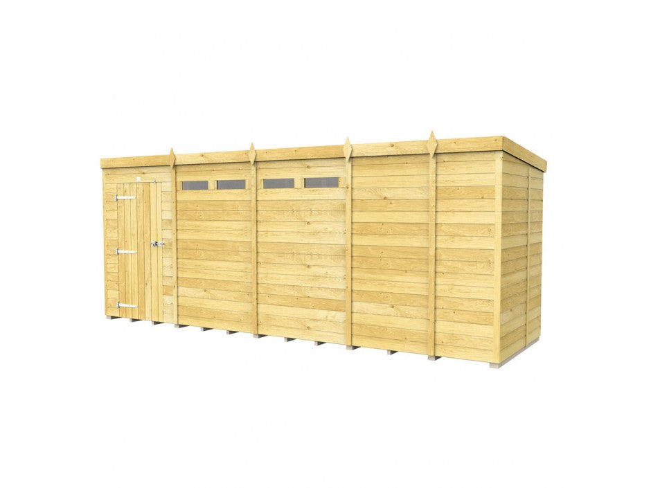 The ShedsDIY Pent Shed 5ft Wide is a practical garden storage solution featuring tongue and groove cladding, a flat roof with horizontal slats, a left-side single door with metal hinges and latch, narrow rectangular windows near the top, and rests on small supports.