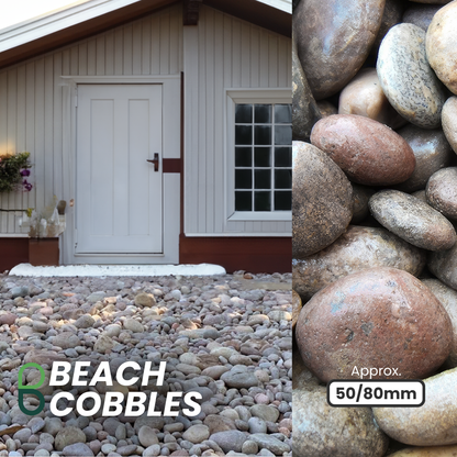 A house exterior showcases a path lined with Brisks' 50-80mm Beach Cobbles leading to the door. On the right, a close-up reveals the decorative garden cobbles.