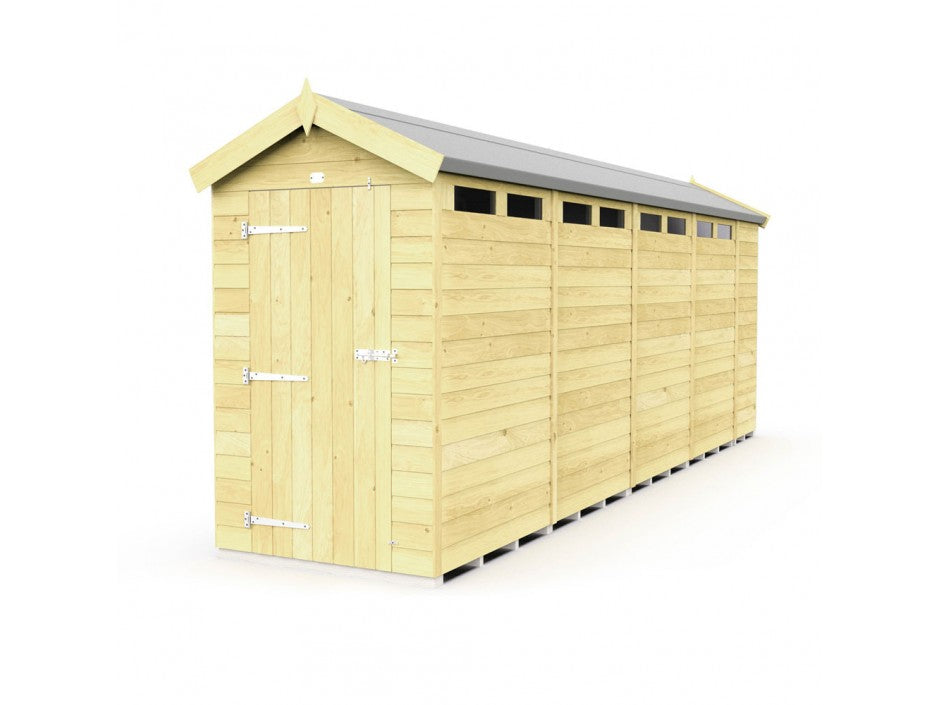 The image displays an Apex Shed 4ft Wide by ShedsDIY, a long wooden garden shed with a pitched roof for optimal storage. It features weather-resistant horizontal slats, multiple windows for natural light, and a door with metal hinges and latch at one end.