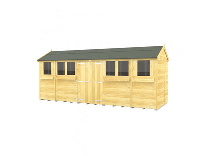 The Apex Summer Shed by ShedsDIY has a dark green sloped roof and tongue and groove construction for durability. It features two large double doors, six evenly spaced windows, making it perfect for garden storage, all set against a plain white background.