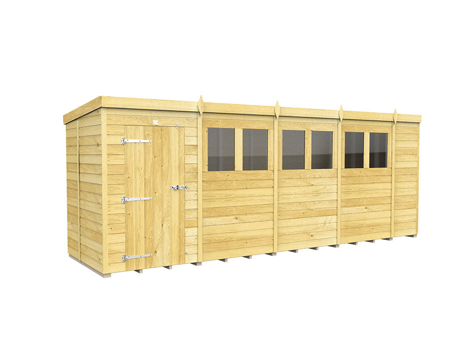 The Pent Shed 5ft Wide by ShedsDIY features durable tongue and groove cladding, natural wood paneling, a flat roof, metal-hinged closed door on the left, and large right-side windows for added light, combining style and high quality typical of premium pent sheds.