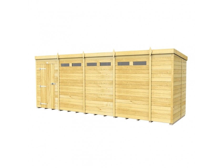 The ShedsDIY Pent Shed 5ft Wide is a spacious wooden garden storage building with four horizontal windows and a single left-side door. Made from light-colored wood, it boasts a modern design with tongue and groove cladding for enhanced style and durability.