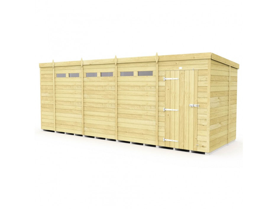 The Pent Shed 7ft wide by ShedsDIY boasts a sleek rectangular design with tongue and groove cladding and horizontal paneling. It includes narrow top windows, a single right-hinged door with silver hardware, making it perfect for garden storage on a flat surface against a plain white backdrop.